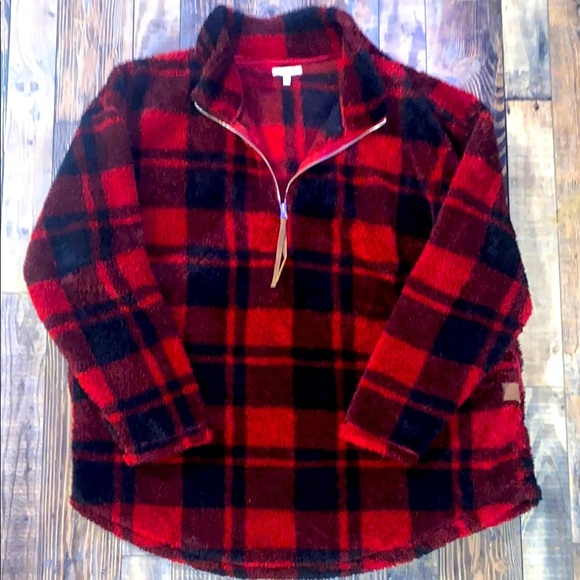 Maurice’s Red —and Black Plaid Sherpa 1/4 zip with pockets size 2X - Picture 1 of 3